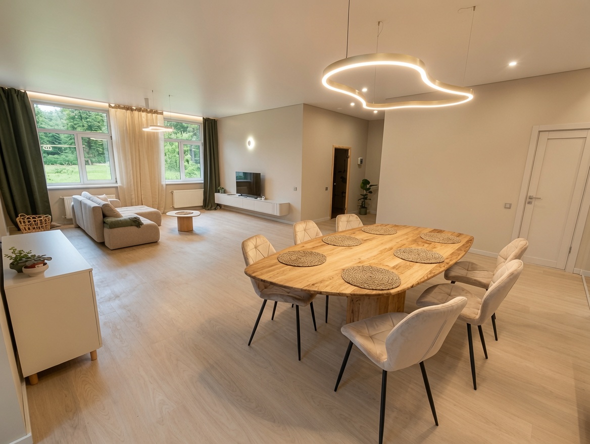 Bright, spacious living and dining area with modern furniture and forest views